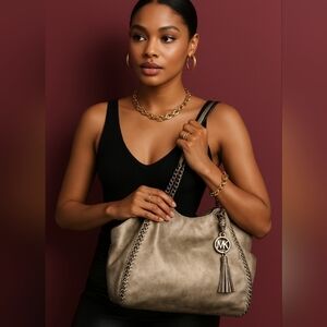 Michael Kors Handbag Women L Chelsea Metallic Tan Whipstitch Tassel Shoulder Bag